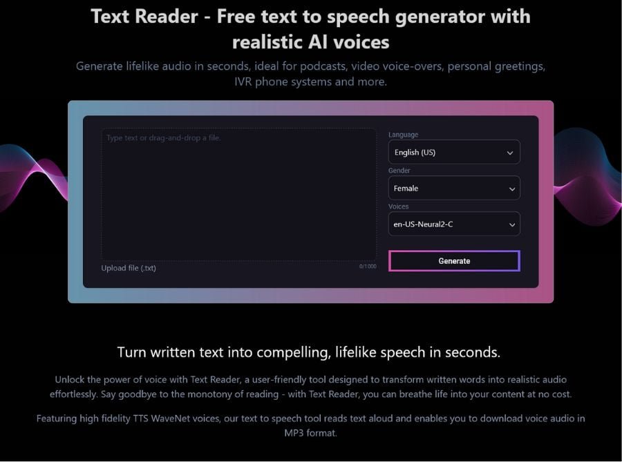 TextReader Free Ai Voice Generator - AI Tools Directory